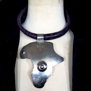Jumbo RARE leather necklace choker with metal african pendant unisex